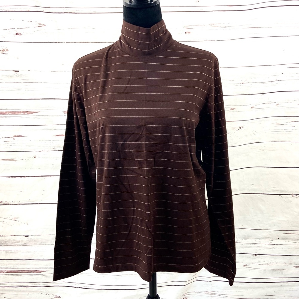 Talbots Top Women’s XL Brown/Gold Stripes Long Sleeve Tee‎ Turtleneck Vintage
